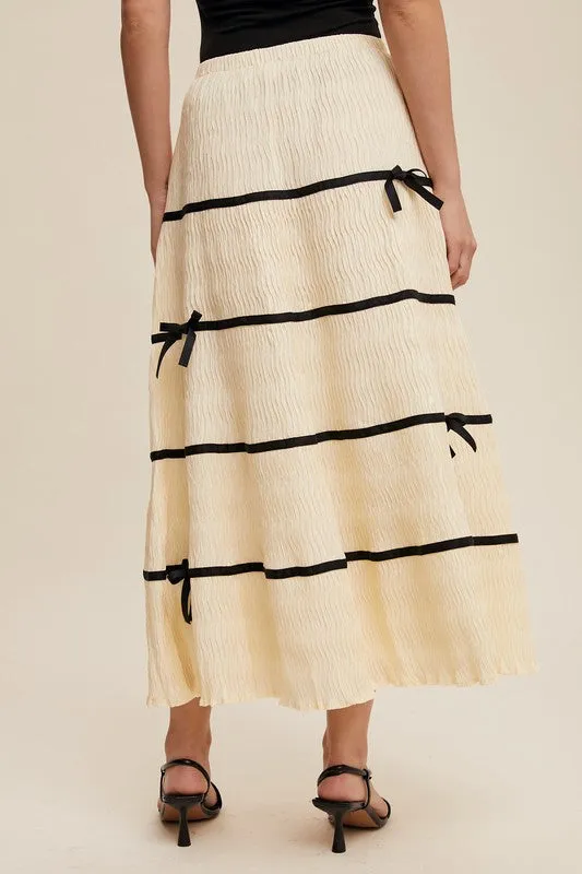 Natural Plisse Bow Contrast Maxi Skirt