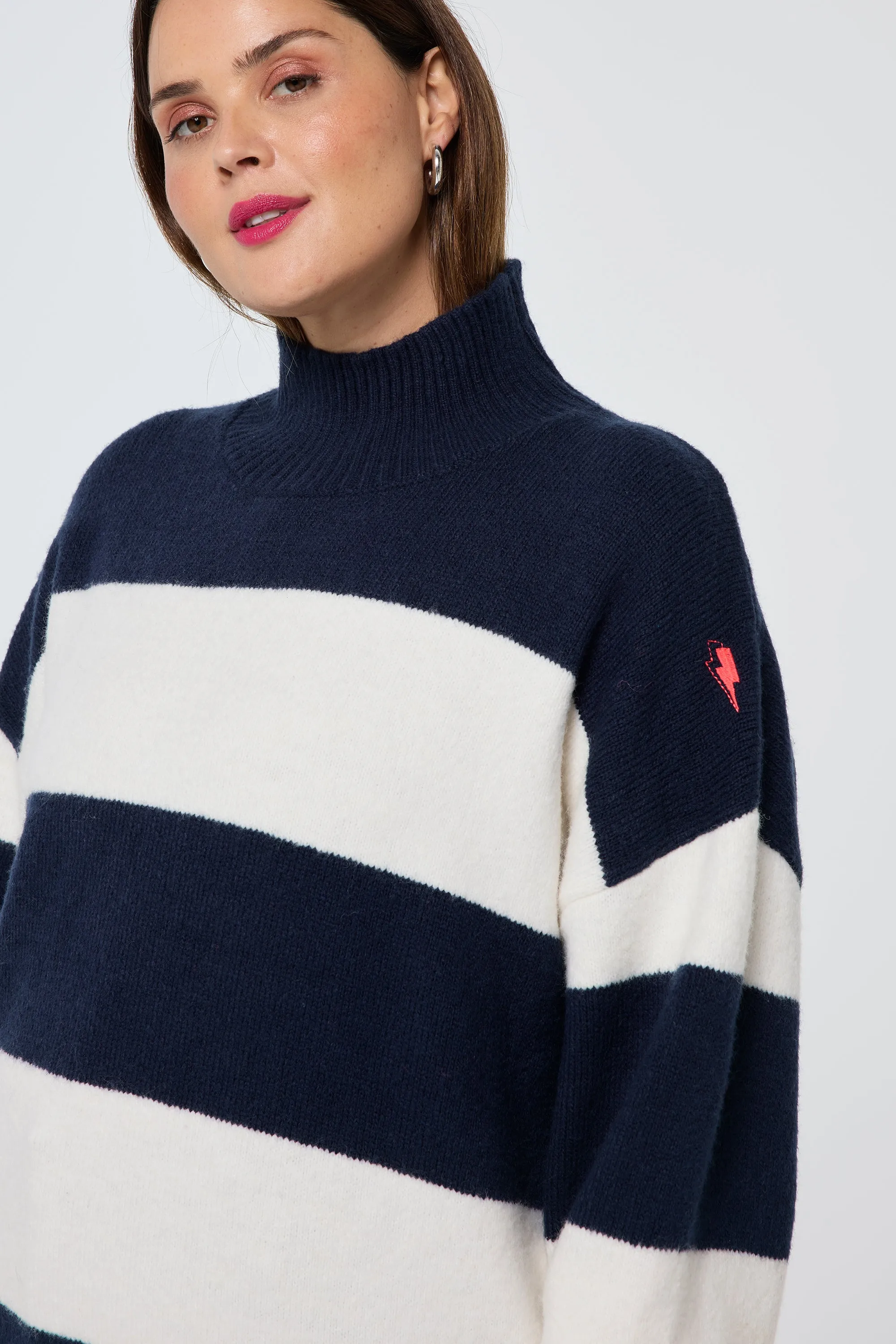 Navy with Ivory Stripe Oversized Turtleneck Jumper