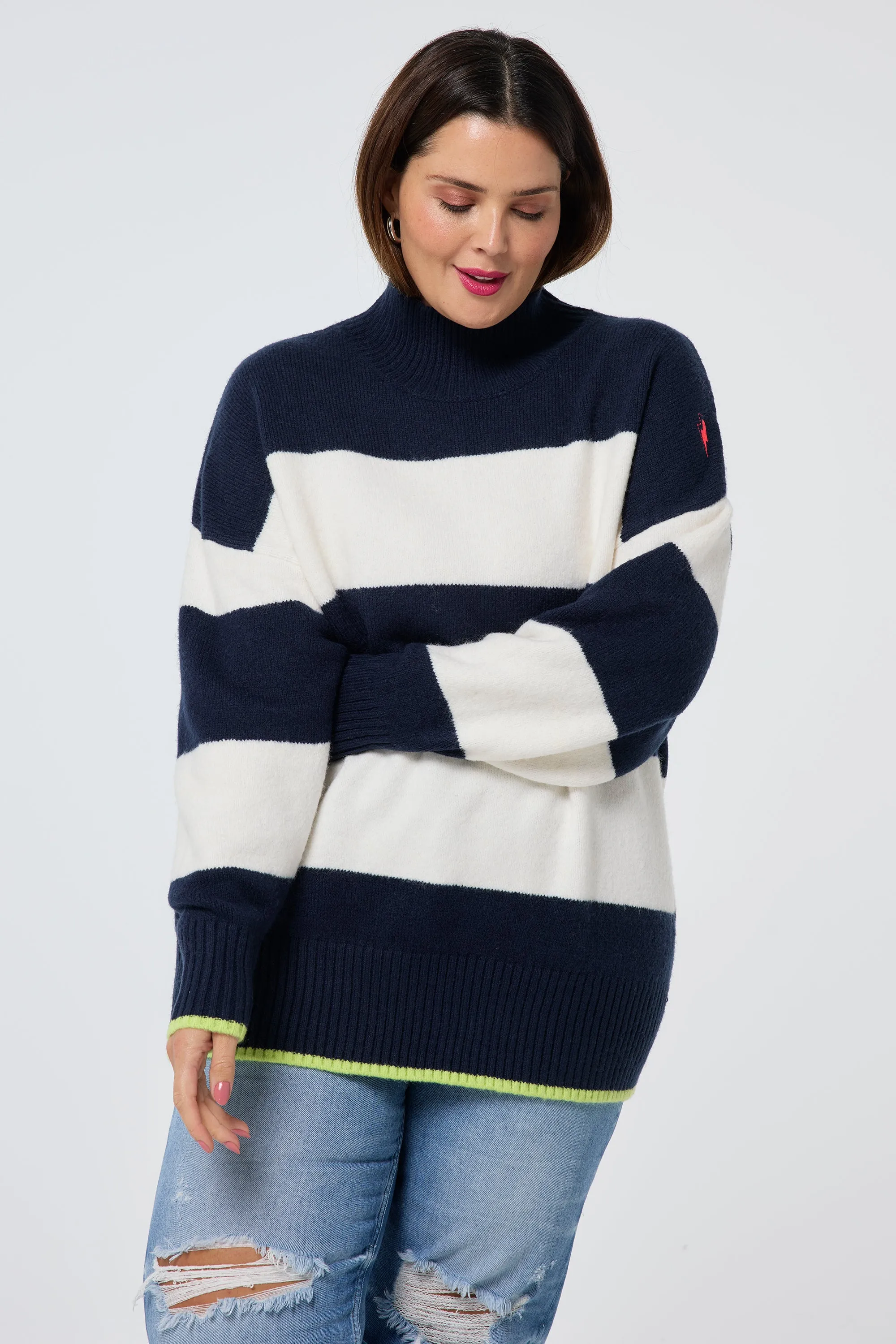 Navy with Ivory Stripe Oversized Turtleneck Jumper