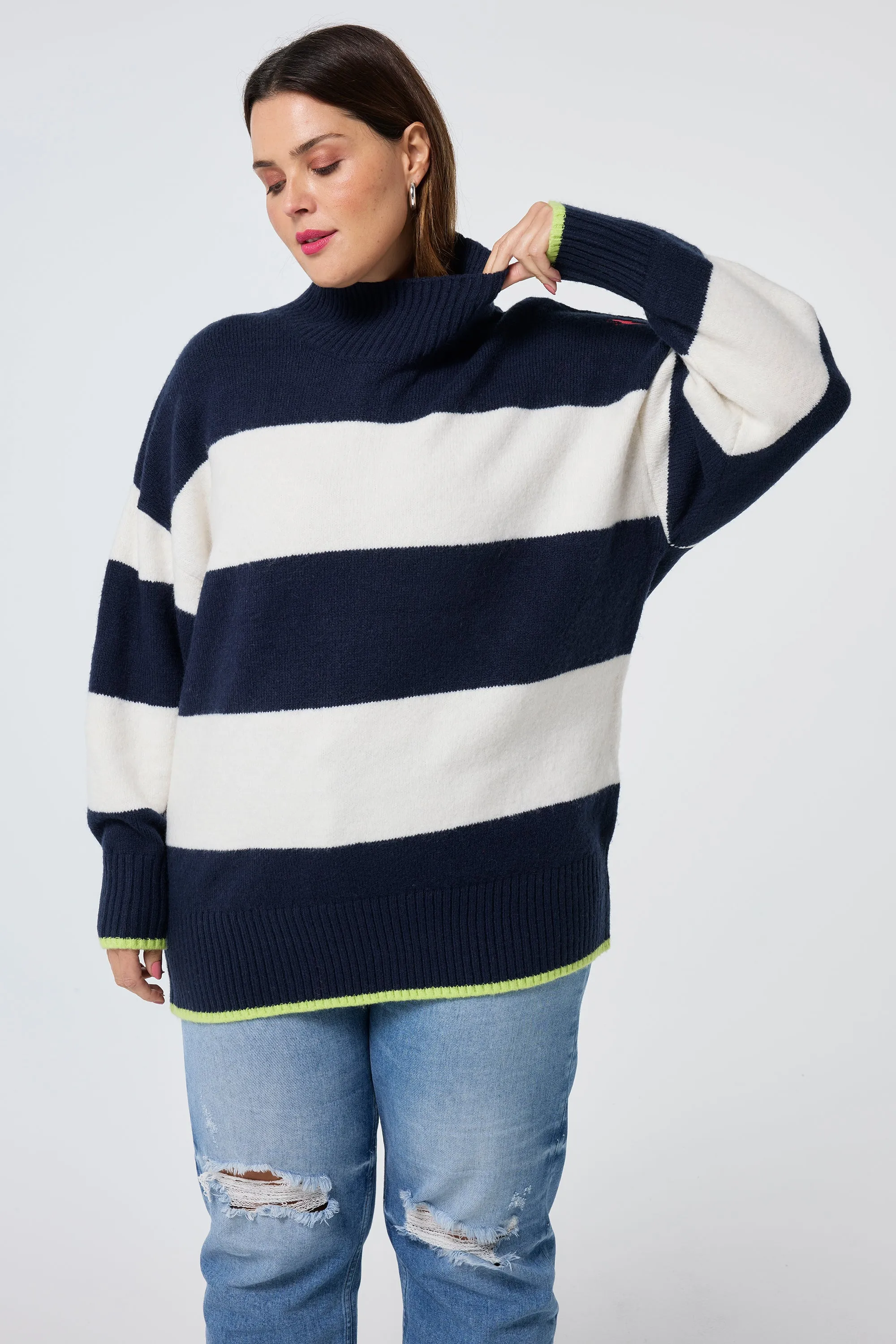 Navy with Ivory Stripe Oversized Turtleneck Jumper