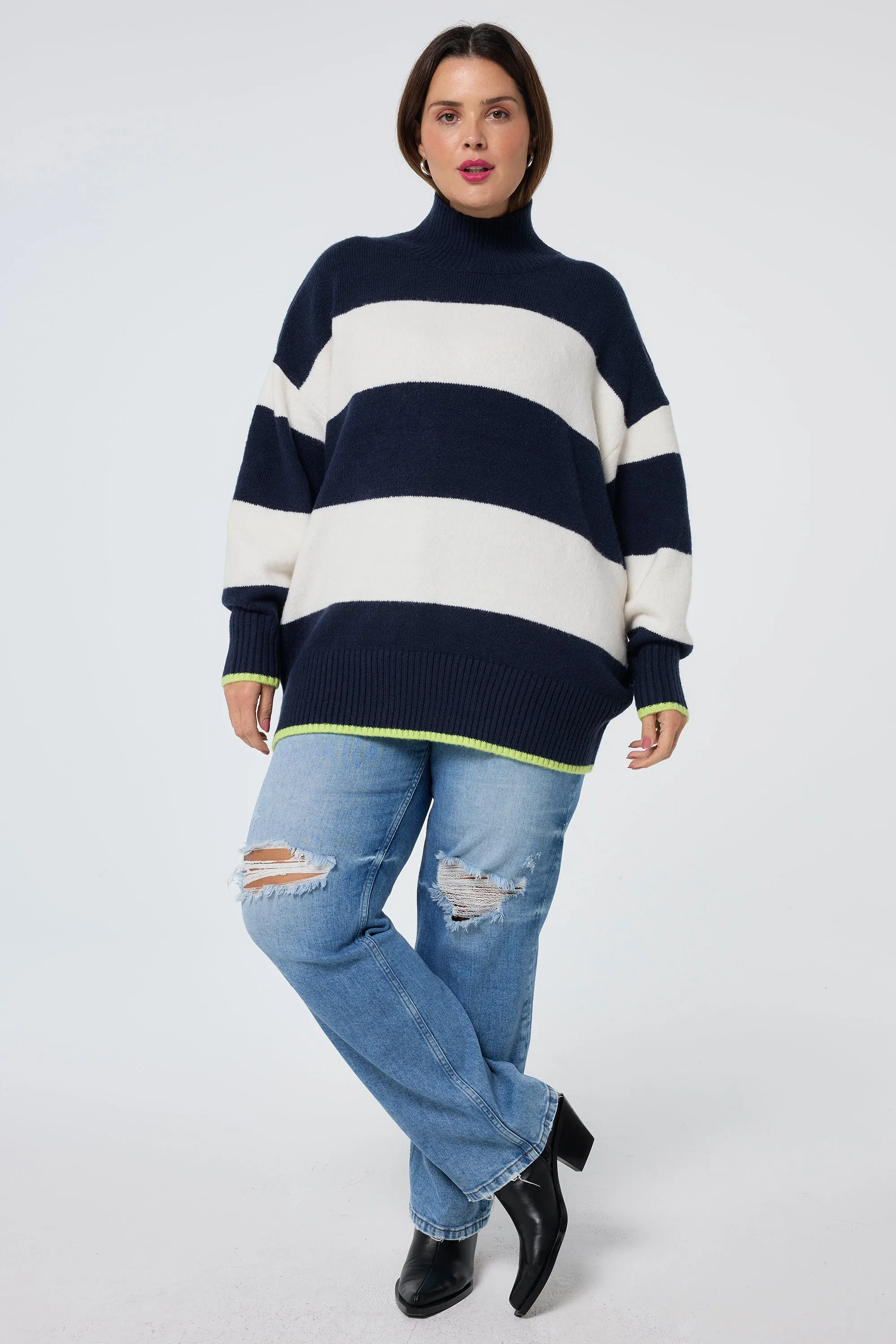 Navy with Ivory Stripe Oversized Turtleneck Jumper