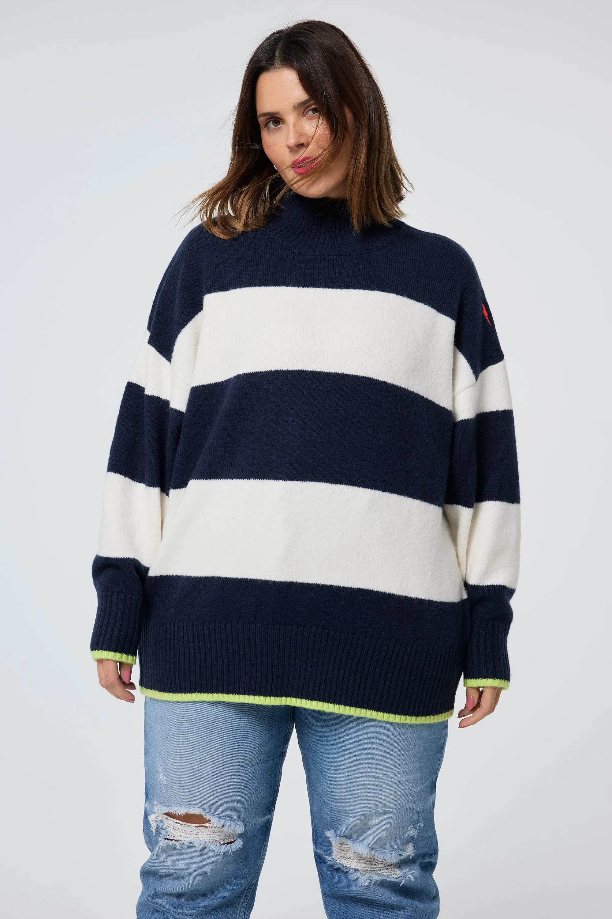 Navy with Ivory Stripe Oversized Turtleneck Jumper