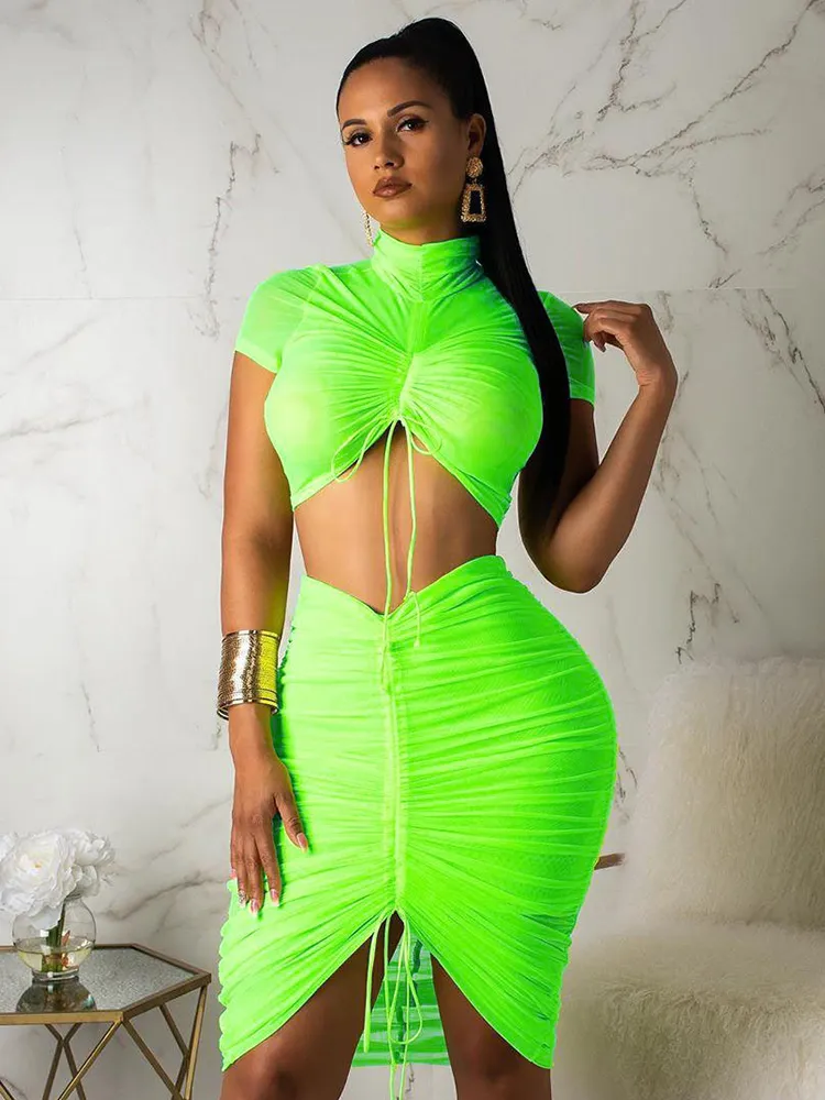 Neon Green Yellow Sexy Two Piece Set Women Turtleneck Short Sleeve Crop Top  Pleated Bodycon Dress Tracksuit 2 Piece Club Outfit