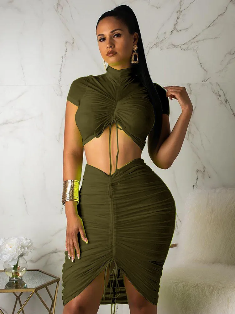 Neon Green Yellow Sexy Two Piece Set Women Turtleneck Short Sleeve Crop Top  Pleated Bodycon Dress Tracksuit 2 Piece Club Outfit