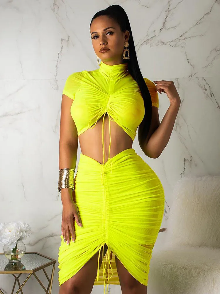 Neon Green Yellow Sexy Two Piece Set Women Turtleneck Short Sleeve Crop Top  Pleated Bodycon Dress Tracksuit 2 Piece Club Outfit