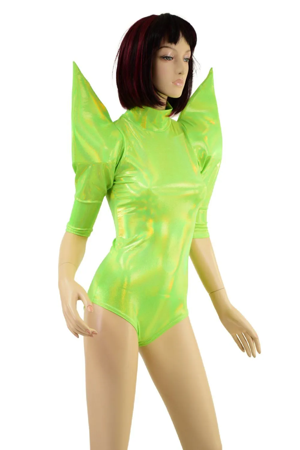 Neon Lime Holographic Mega Sharp Shoulder Romper