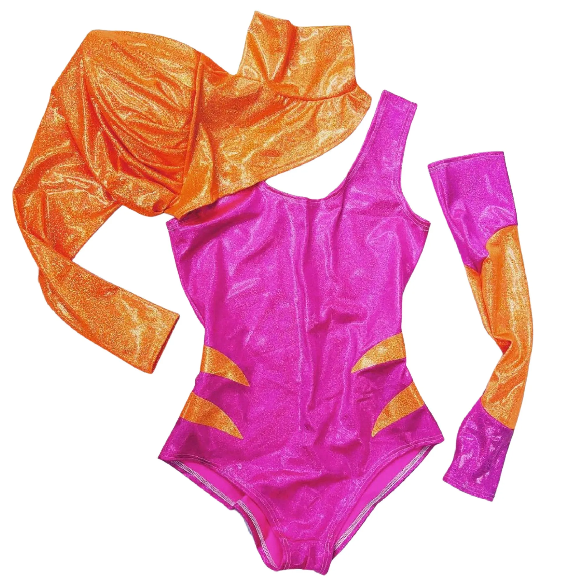 Neon Orange and Pink 3pc Chromatic Romper, Sleeve and Bolero Set