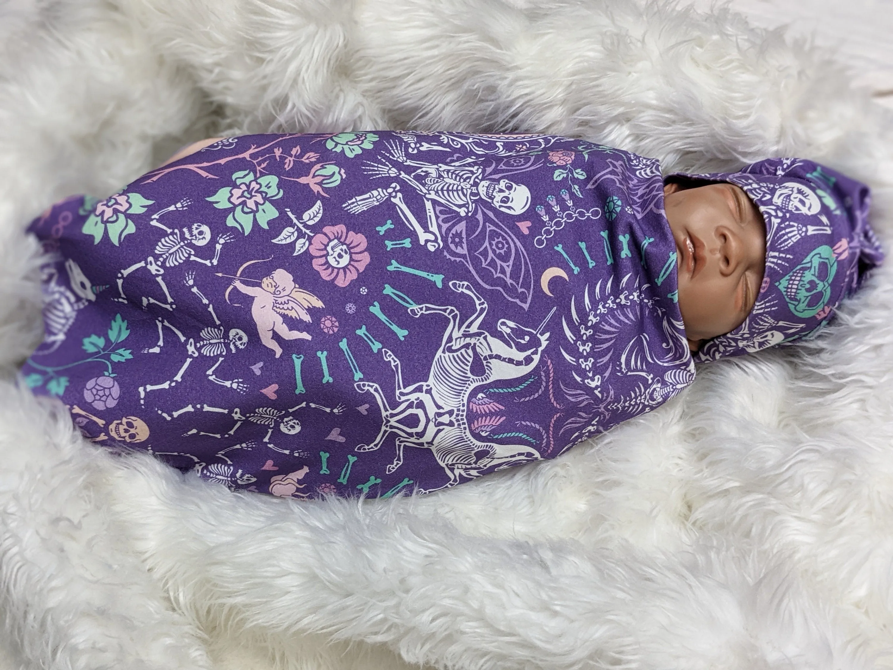 Pastel Goth Baby Swaddle   Hat or Band,Goth Baby Clothes,Bat in purple Teal Newborn Witchy Wrap,Skull Baby Blanket- 1 ONLY FLASH SALE