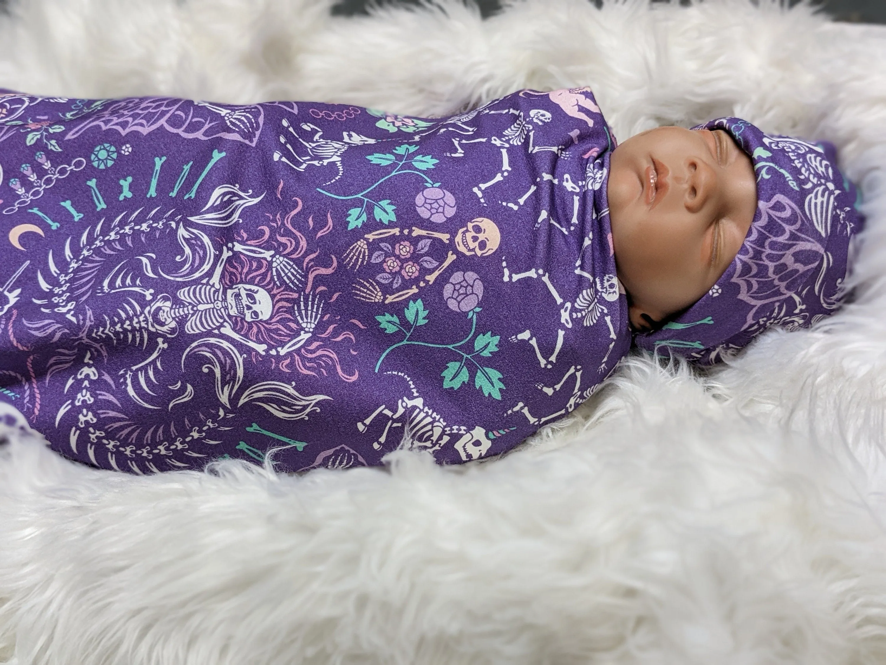 Pastel Goth Baby Swaddle   Hat or Band,Goth Baby Clothes,Bat in purple Teal Newborn Witchy Wrap,Skull Baby Blanket- 1 ONLY FLASH SALE