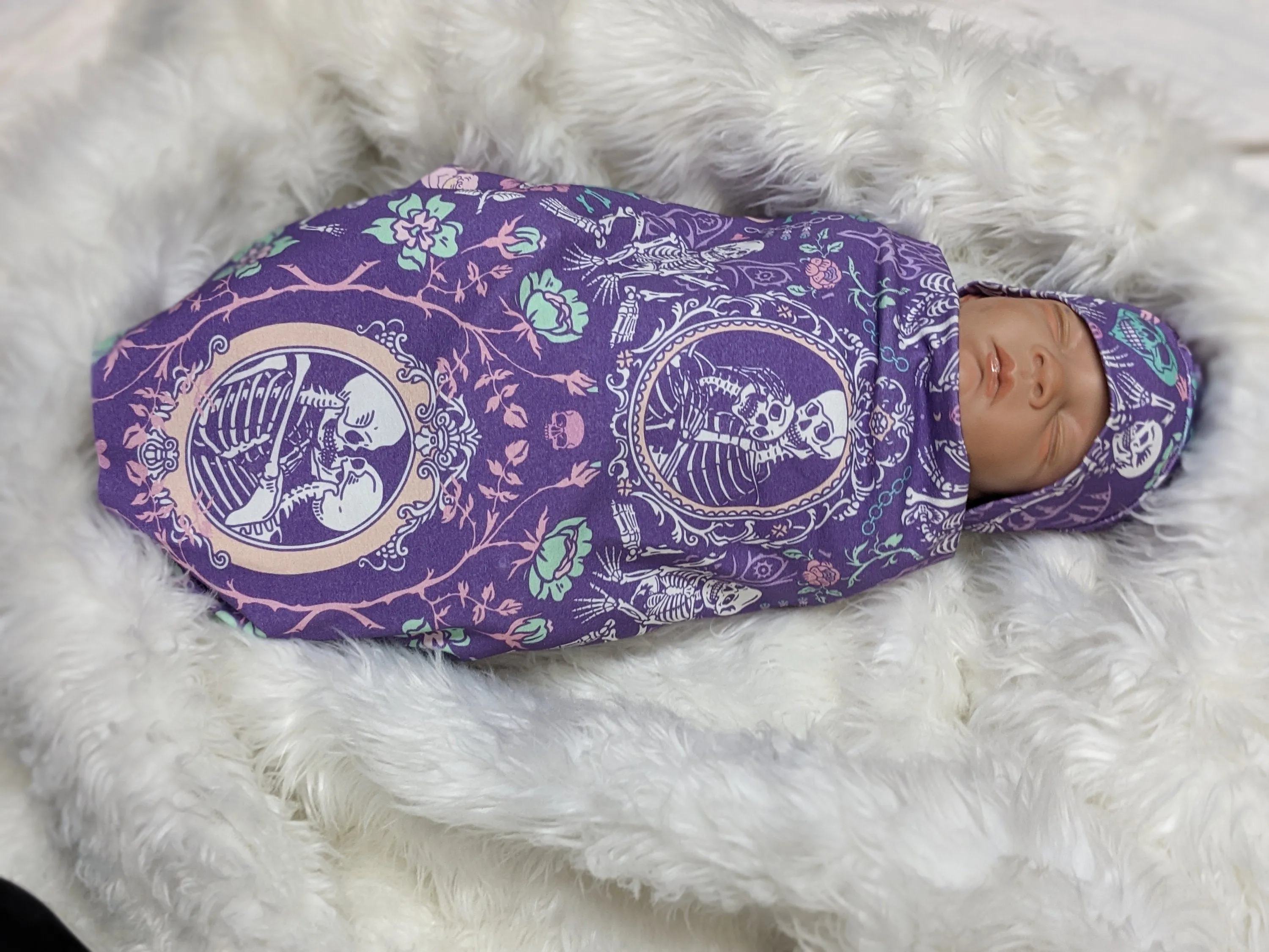 Pastel Goth Baby Swaddle   Hat or Band,Goth Baby Clothes,Bat in purple Teal Newborn Witchy Wrap,Skull Baby Blanket- 1 ONLY FLASH SALE