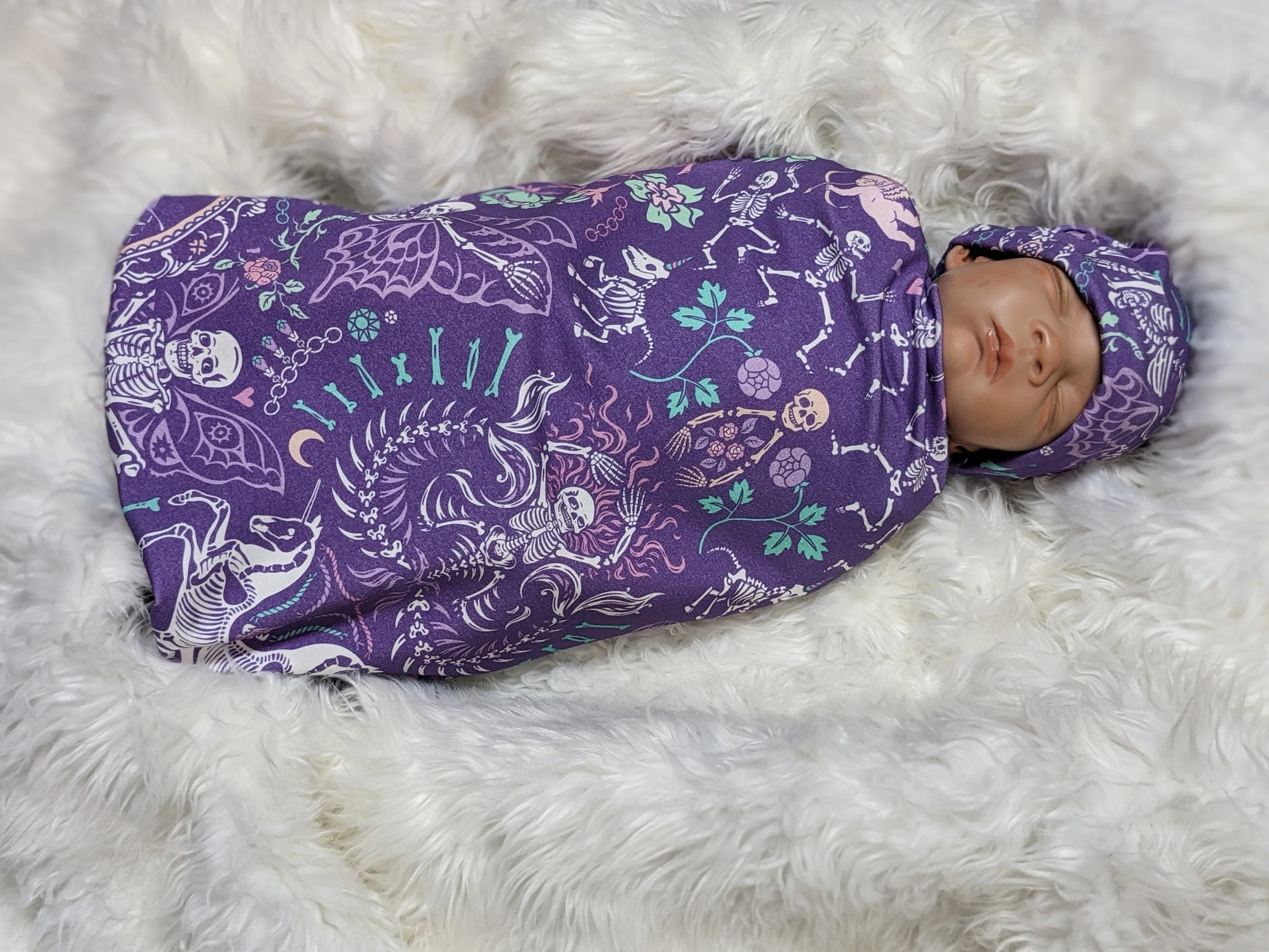 Pastel Goth Baby Swaddle   Hat or Band,Goth Baby Clothes,Bat in purple Teal Newborn Witchy Wrap,Skull Baby Blanket- 1 ONLY FLASH SALE