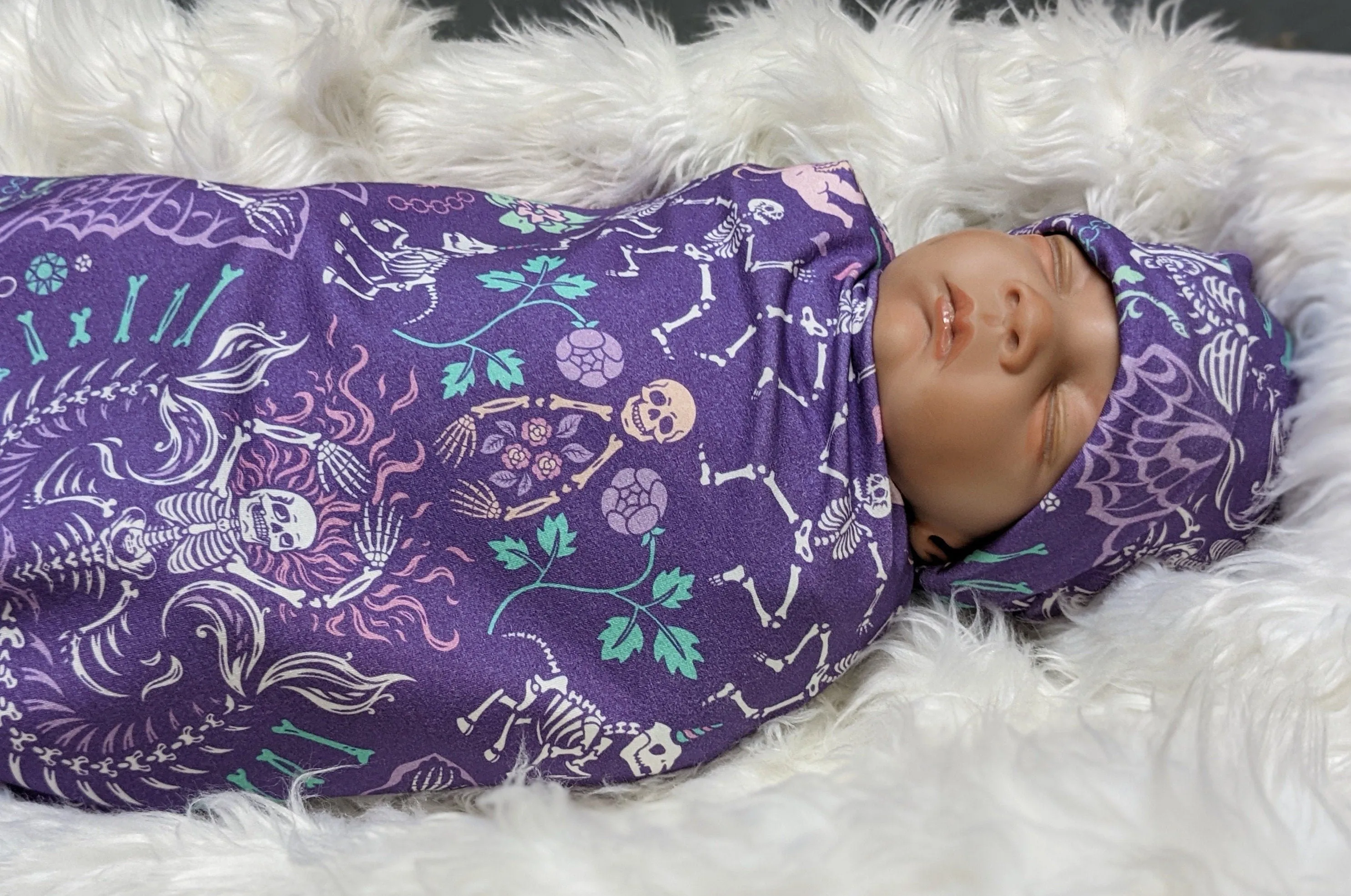 Pastel Goth Baby Swaddle   Hat or Band,Goth Baby Clothes,Bat in purple Teal Newborn Witchy Wrap,Skull Baby Blanket- 1 ONLY FLASH SALE