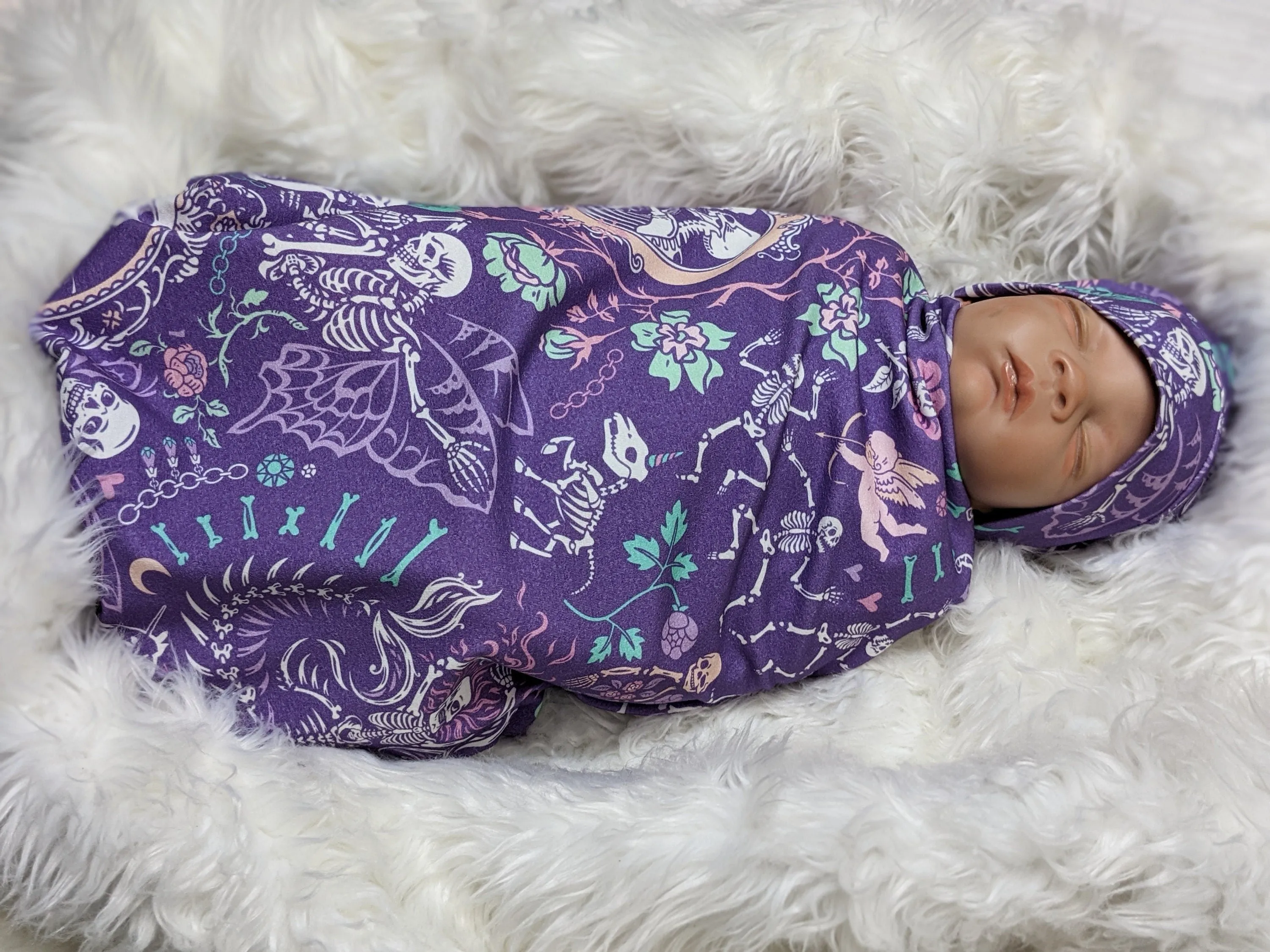 Pastel Goth Baby Swaddle   Hat or Band,Goth Baby Clothes,Bat in purple Teal Newborn Witchy Wrap,Skull Baby Blanket- 1 ONLY FLASH SALE