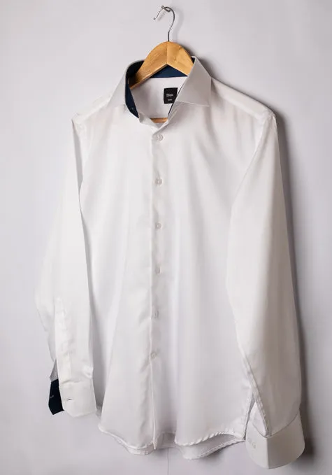 PEARL WHITE STRETCH SHIRT WITH NAVY CONTRAST