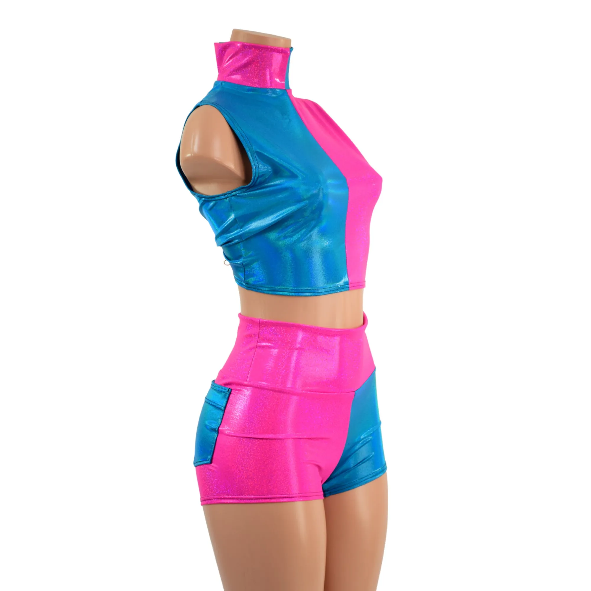 Pink and Blue Color Blocked Crop Top and Pocket Shorts