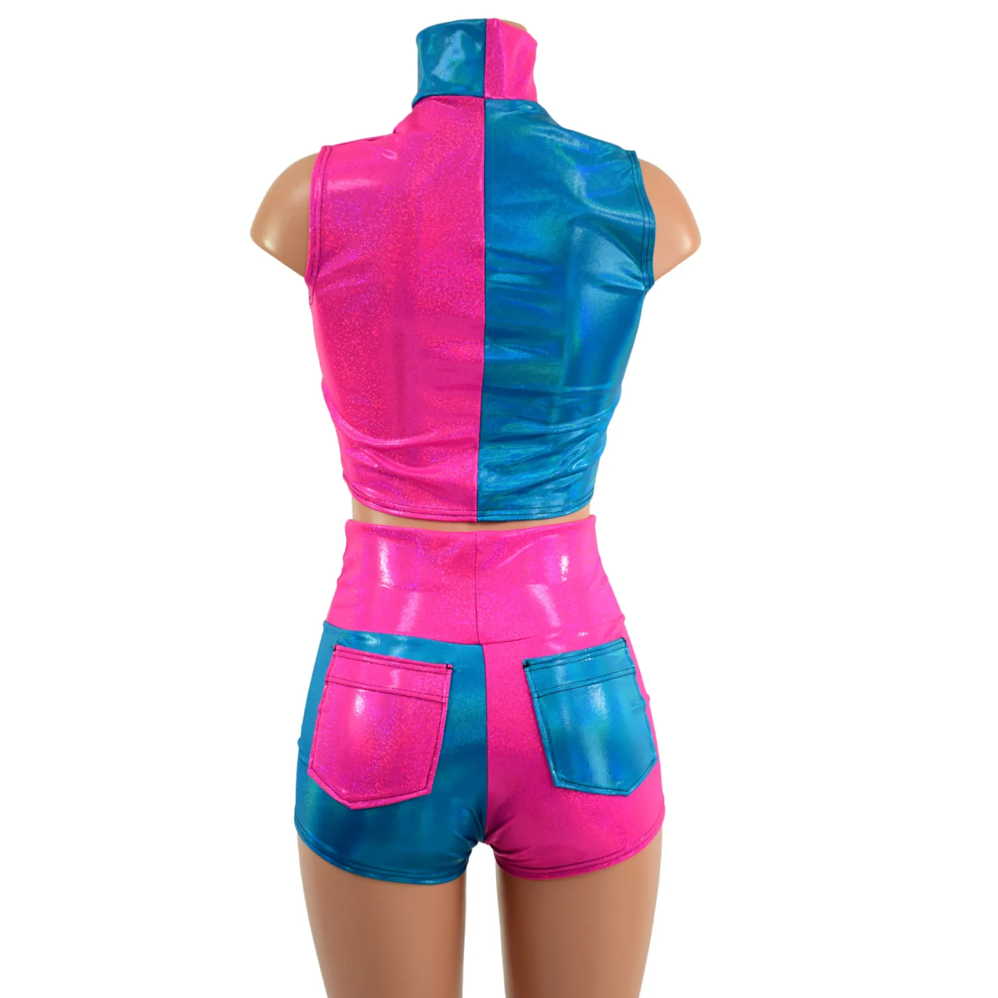 Pink and Blue Color Blocked Crop Top and Pocket Shorts