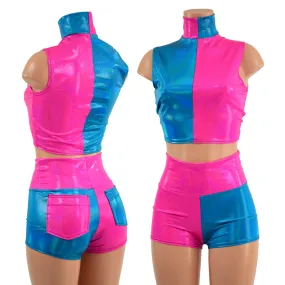 Pink and Blue Color Blocked Crop Top and Pocket Shorts