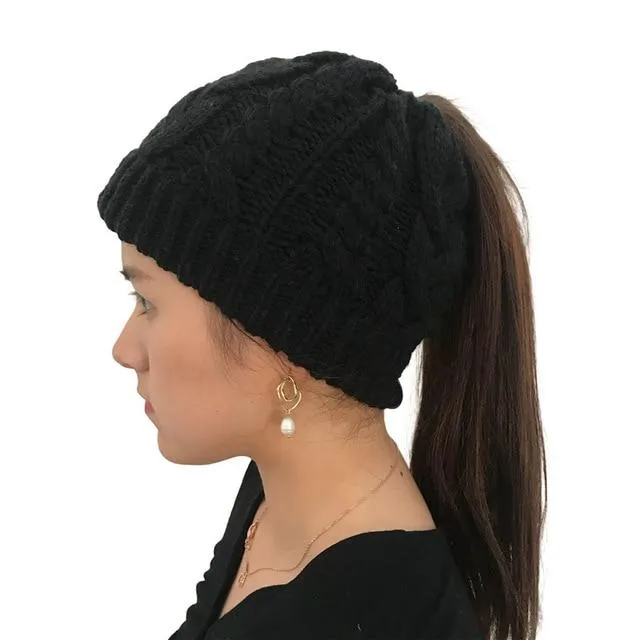 Ponytail Beanie Hat Woolen Stretch Crochet