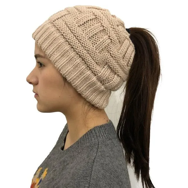 Ponytail Beanie Hat Woolen Stretch Crochet