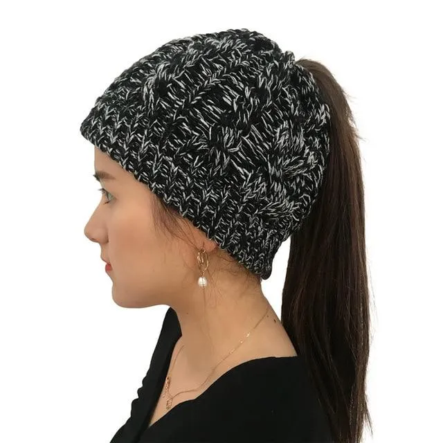 Ponytail Beanie Hat Woolen Stretch Crochet