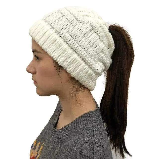 Ponytail Beanie Hat Woolen Stretch Crochet