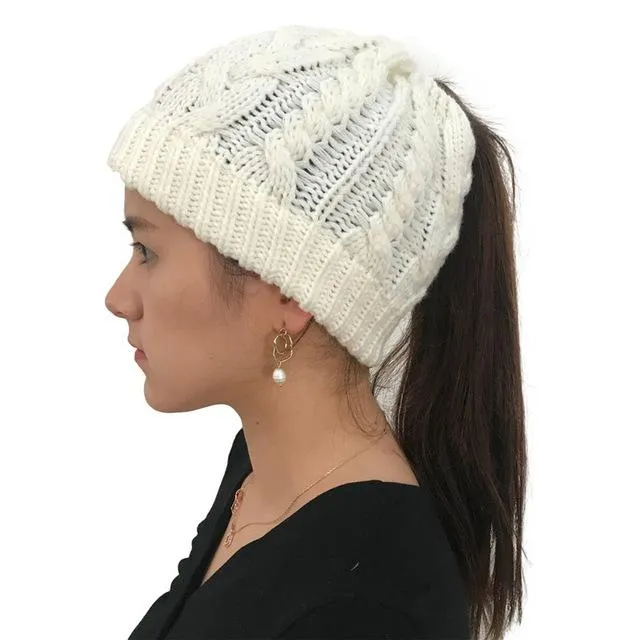 Ponytail Beanie Hat Woolen Stretch Crochet