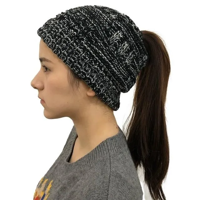 Ponytail Beanie Hat Woolen Stretch Crochet