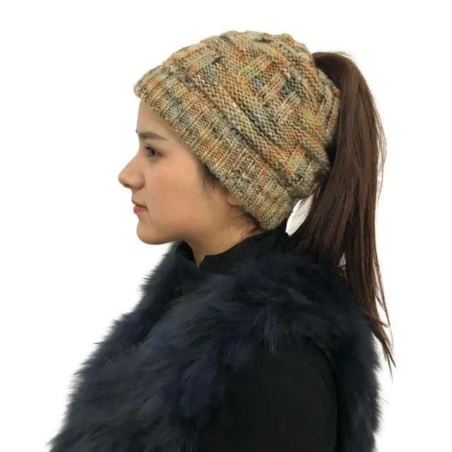 Ponytail Beanie Hat Woolen Stretch Crochet