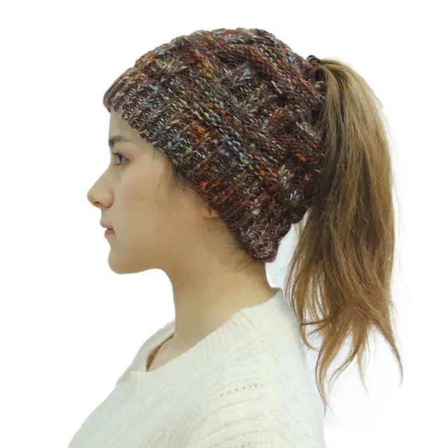 Ponytail Beanie Hat Woolen Stretch Crochet