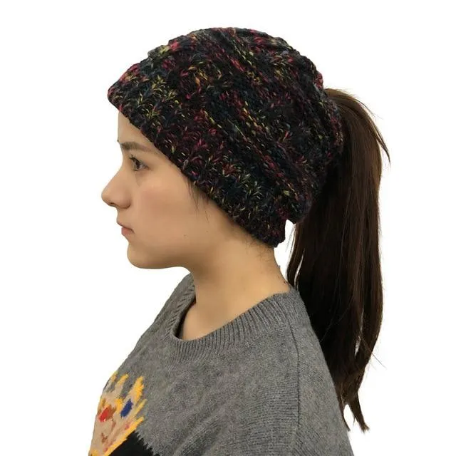 Ponytail Beanie Hat Woolen Stretch Crochet