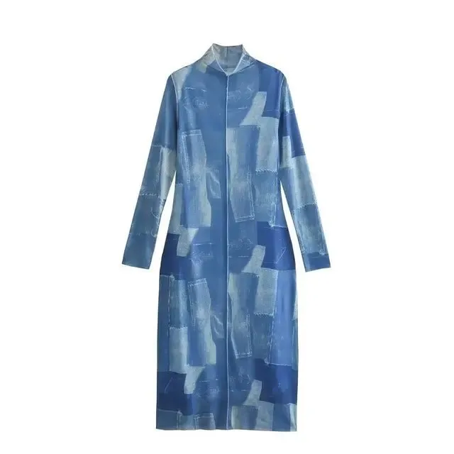 Pre Order:  Mock Denim Patches Midi Dress