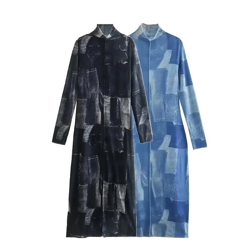 Pre Order:  Mock Denim Patches Midi Dress