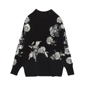 Pre Order:  Sequined Flower Knitted Long Sleeved Sweater