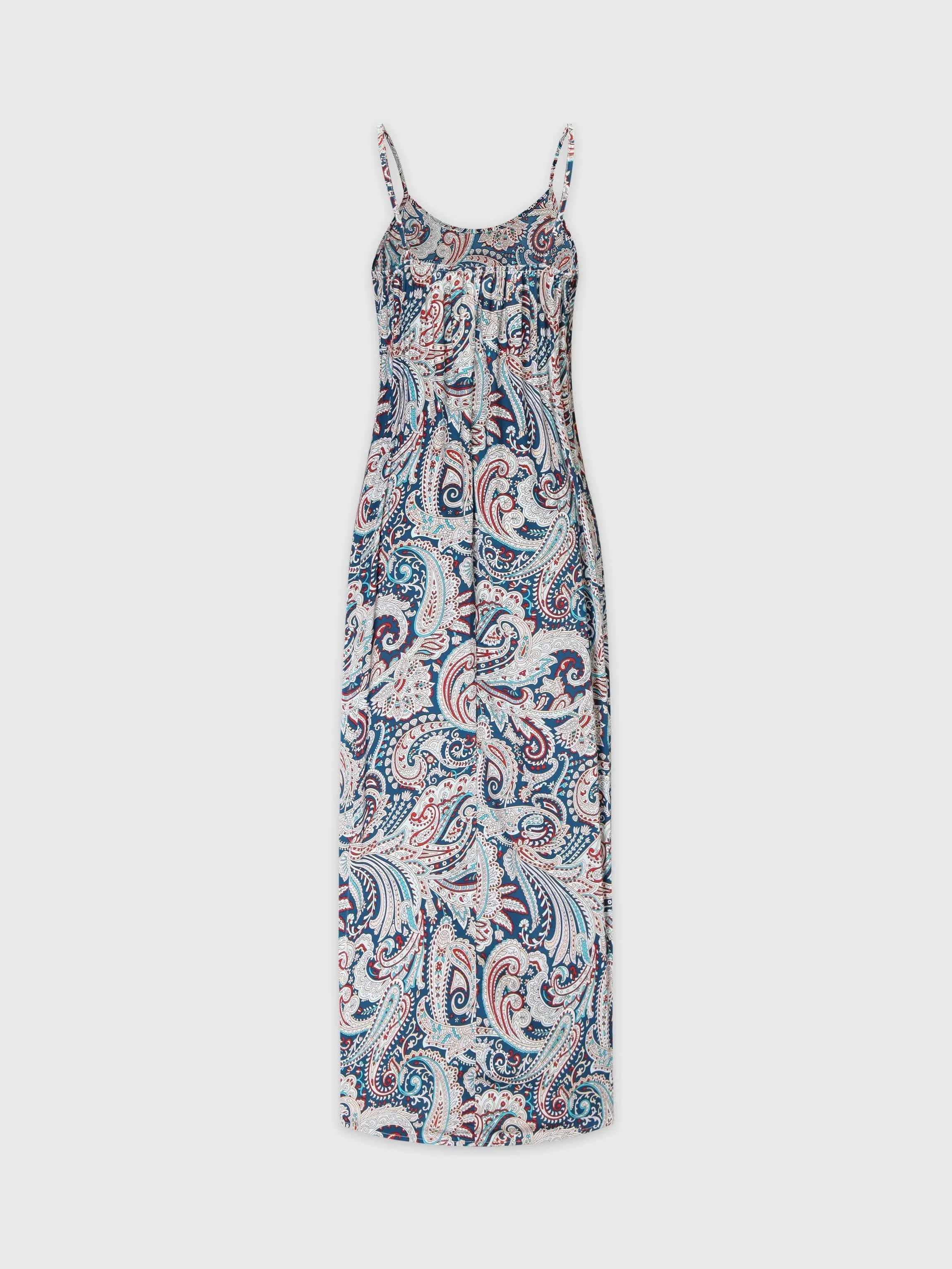 Printed Crew Neck Slip Dress-Teal Paisley