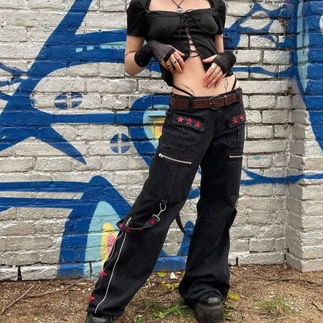 Punk Y2k Grunge Black and Pink Low Waist Denim Pants