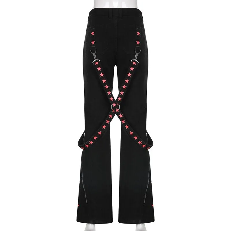 Punk Y2k Grunge Black and Pink Low Waist Denim Pants