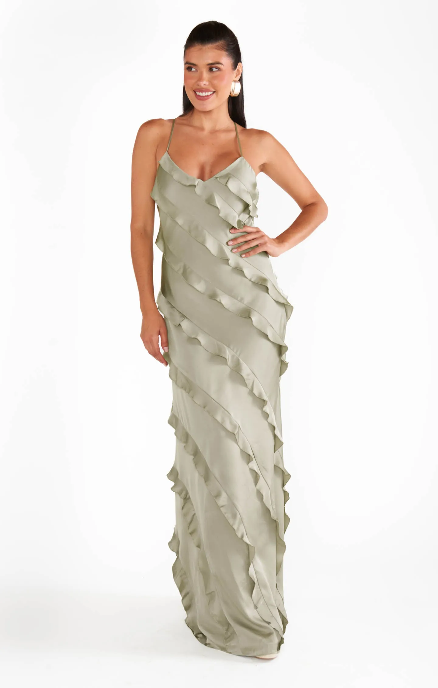 Romance Ruffle Dress ~ Moss Green Luxe Satin