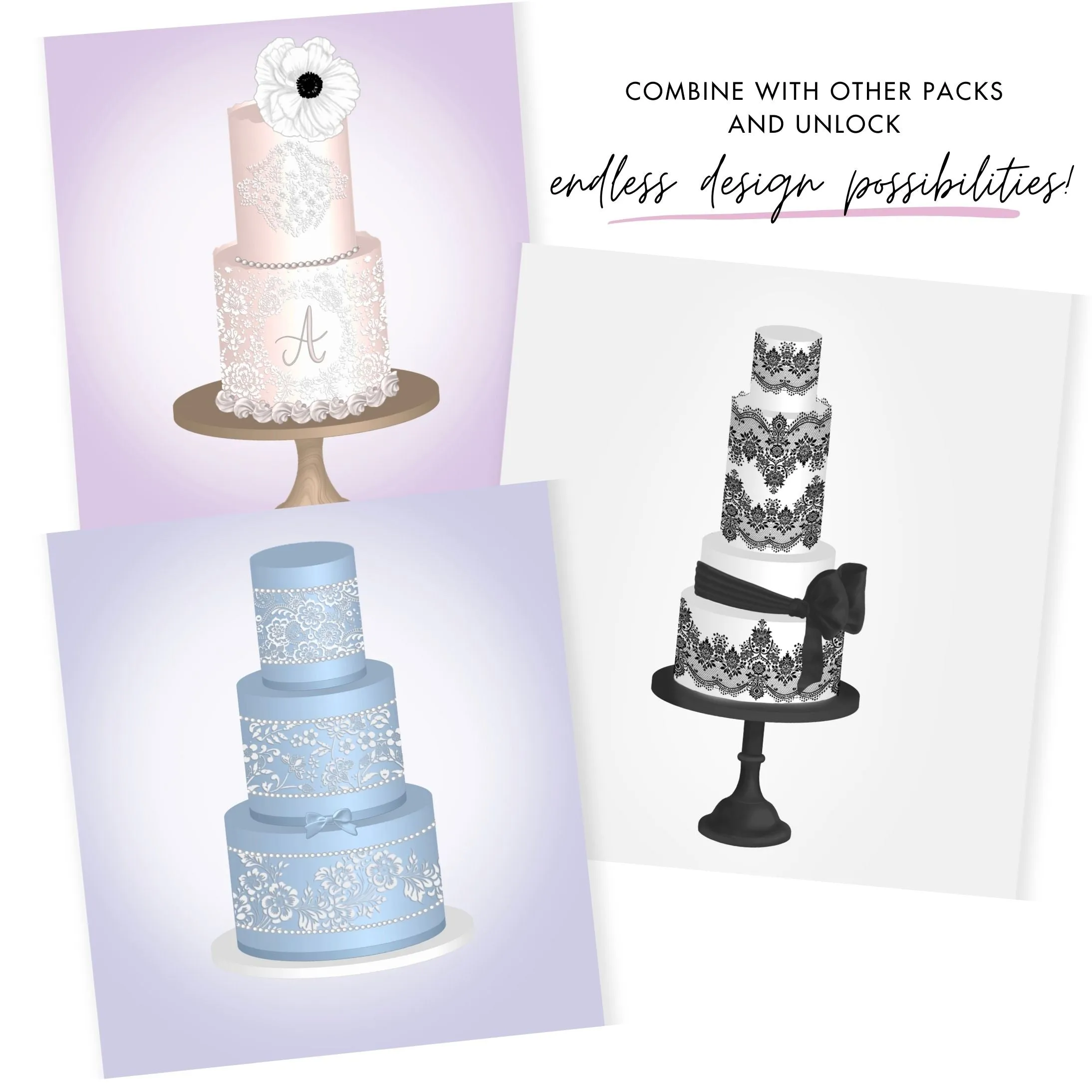 Romantic Lace Cake Stencils & Mat Procreate Stamps Pack - Digital Cake Sketching