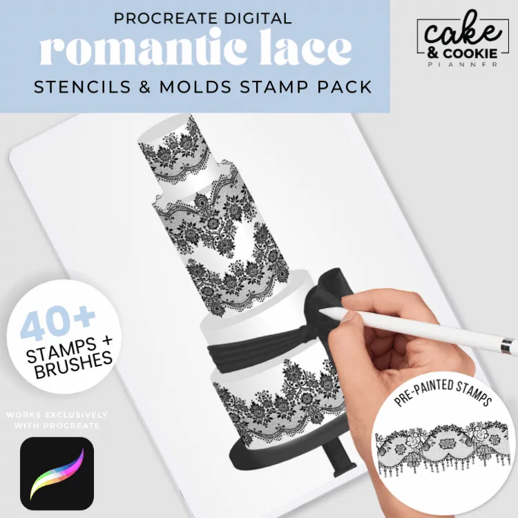 Romantic Lace Cake Stencils & Mat Procreate Stamps Pack - Digital Cake Sketching