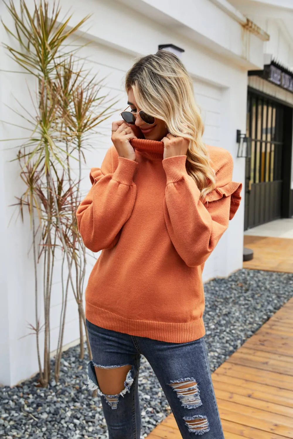 Ruffled Dropped Shoulder Turtleneck Sweater