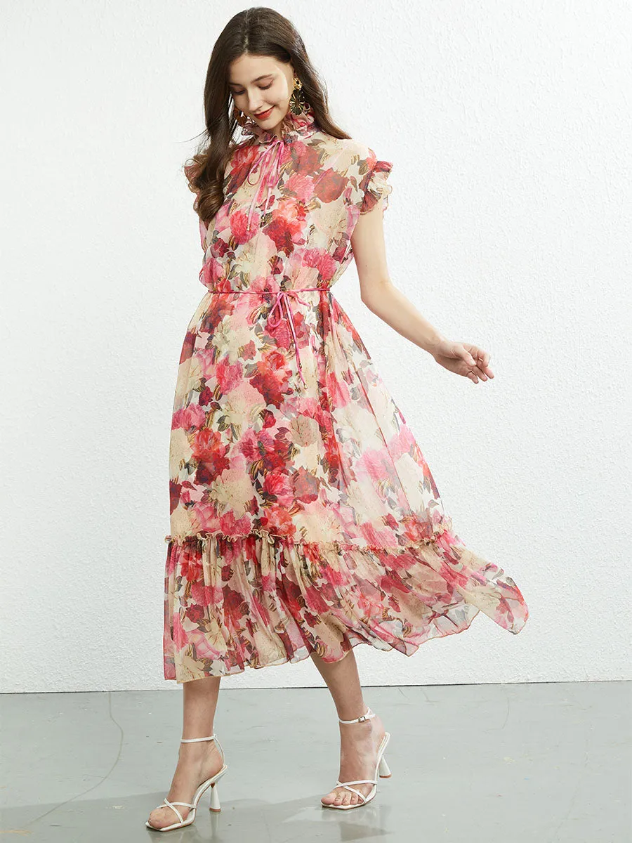 Ruffles Collar Sleeveless Floral Printed Swing Boho Dress with Belt