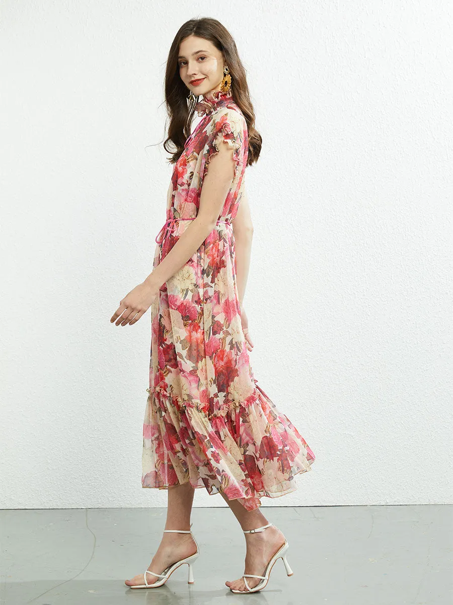 Ruffles Collar Sleeveless Floral Printed Swing Boho Dress with Belt