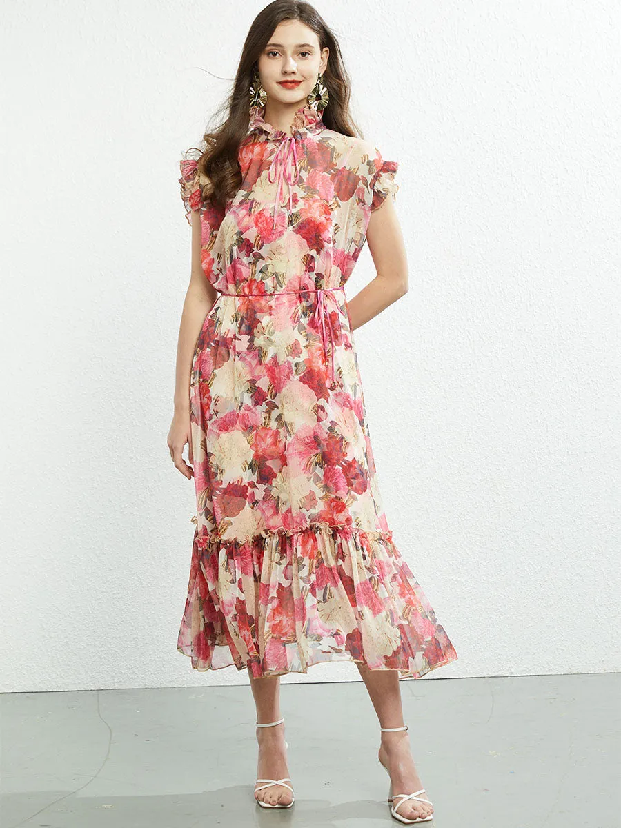 Ruffles Collar Sleeveless Floral Printed Swing Boho Dress with Belt