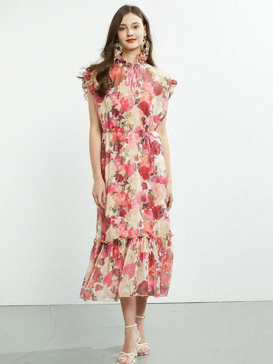 Ruffles Collar Sleeveless Floral Printed Swing Boho Dress with Belt