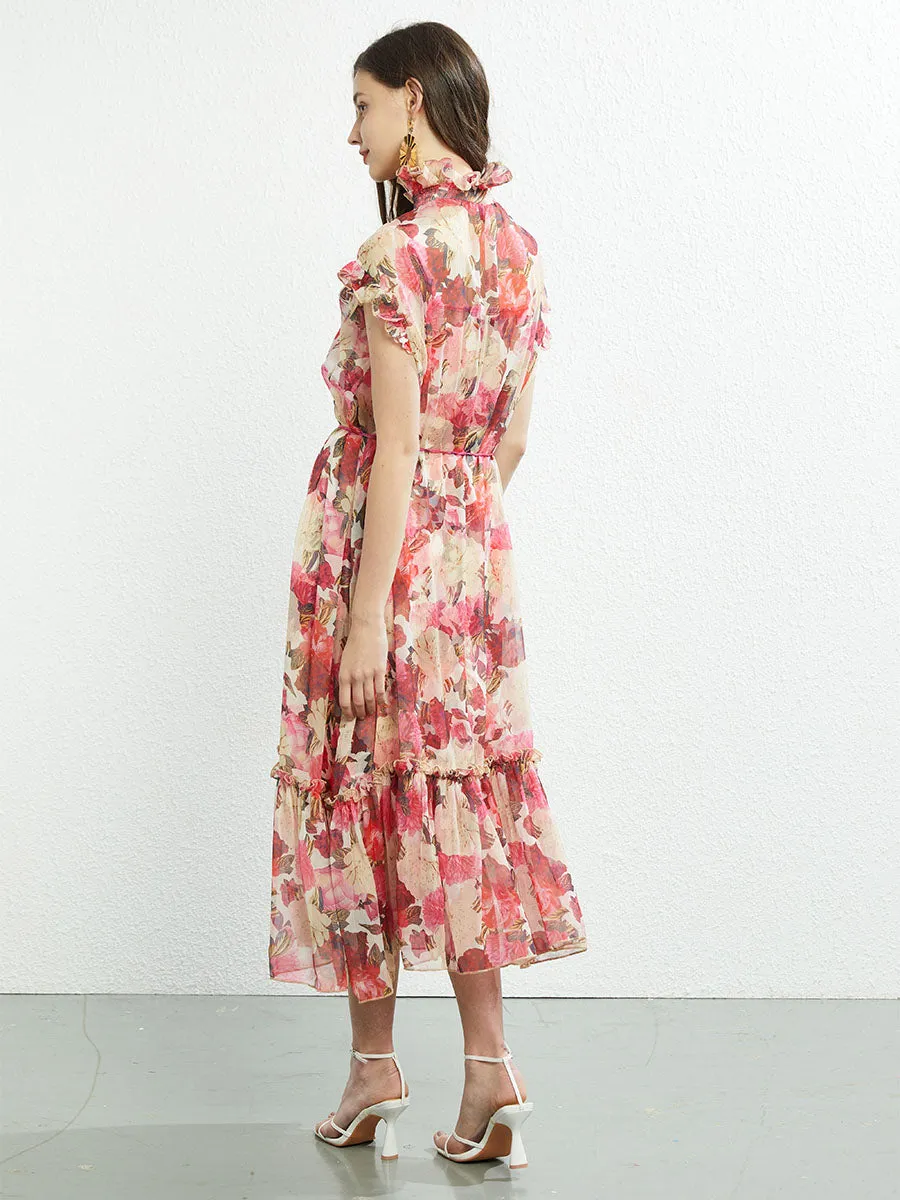 Ruffles Collar Sleeveless Floral Printed Swing Boho Dress with Belt