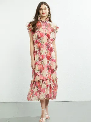 Ruffles Collar Sleeveless Floral Printed Swing Boho Dress with Belt