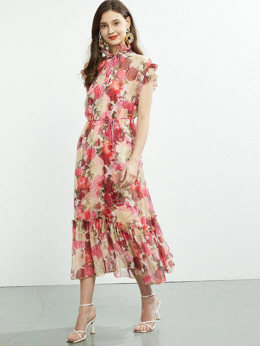 Ruffles Collar Sleeveless Floral Printed Swing Boho Dress with Belt