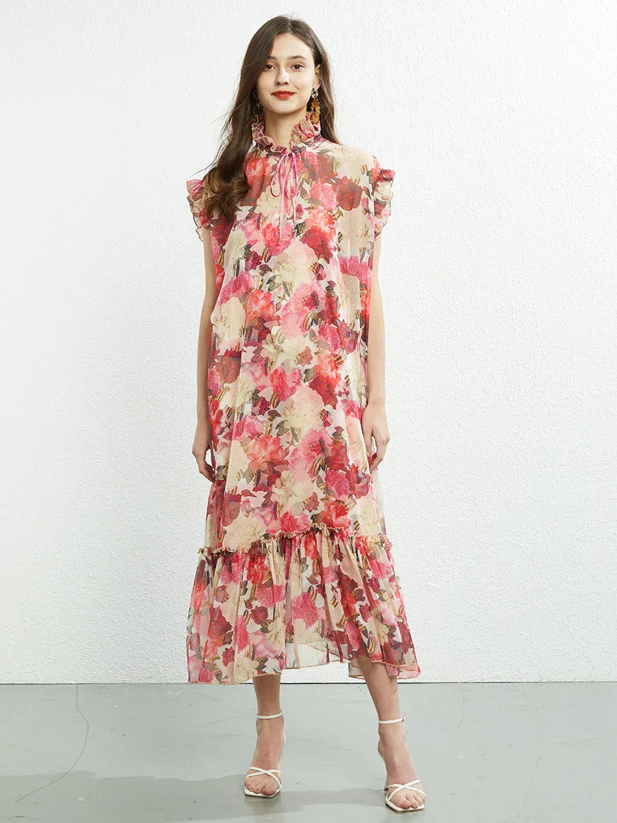 Ruffles Collar Sleeveless Floral Printed Swing Boho Dress with Belt