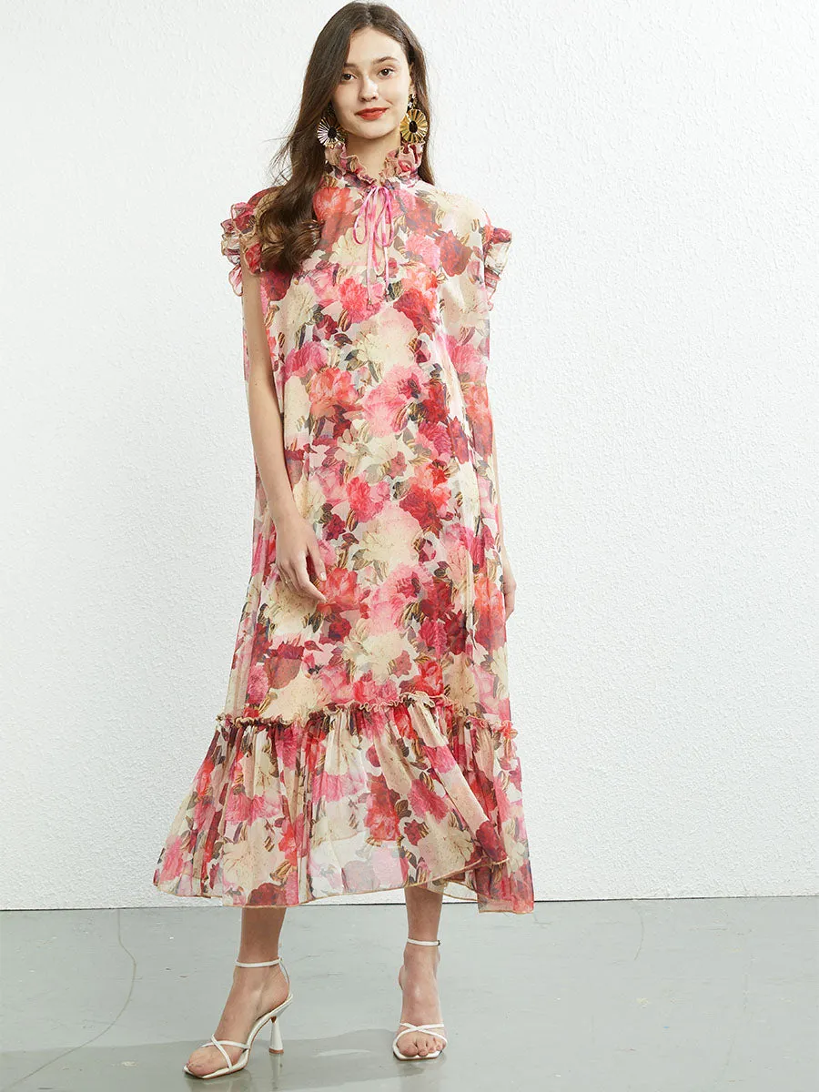 Ruffles Collar Sleeveless Floral Printed Swing Boho Dress with Belt