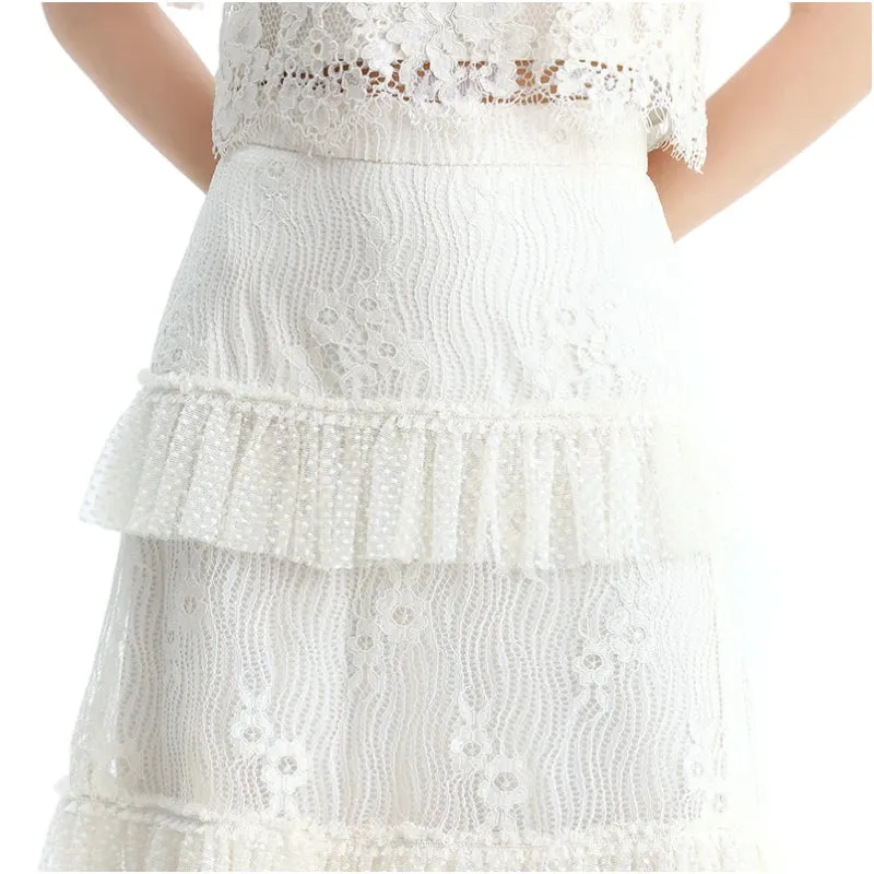 S167-1 Women floral lace Swiss dot tulle tiered ruffle long evening skirt